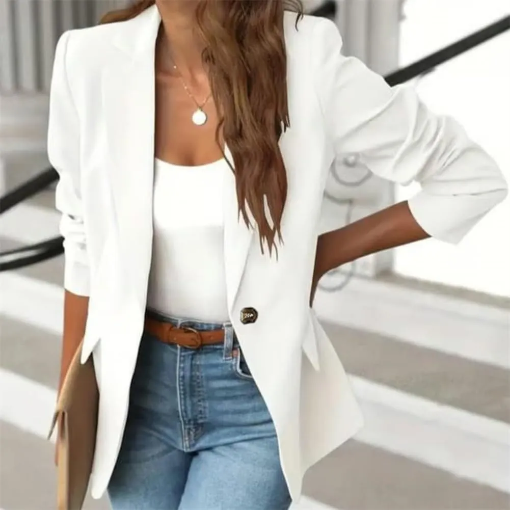 Women's Minimalist Solid Button Lapel Collar Blazer, Front Opening Casual Long Sleeve Blazer, Business Outfits for Women
