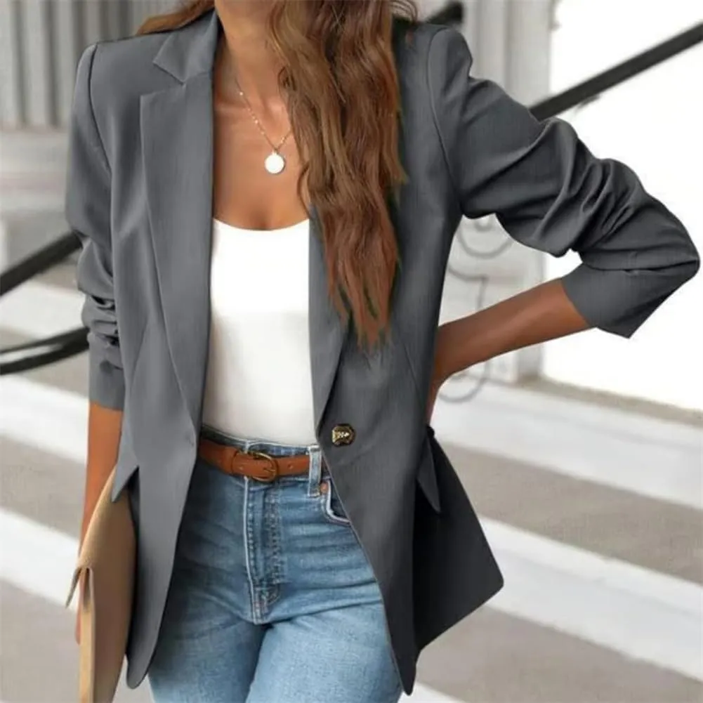 Women's Minimalist Solid Button Lapel Collar Blazer, Front Opening Casual Long Sleeve Blazer, Business Outfits for Women