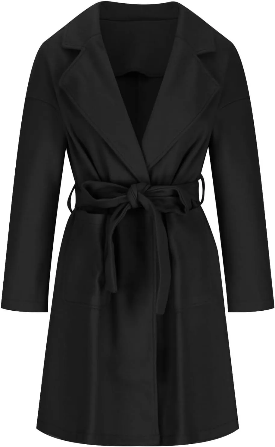 Women's Oversized Long Sleeve Tie Belt Wrap Coats Notched Lapel Loose Fit Trench Coats Warm Overcoat with Pockets