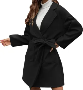 Women's Oversized Long Sleeve Tie Belt Wrap Coats Notched Lapel Loose Fit Trench Coats Warm Overcoat with Pockets