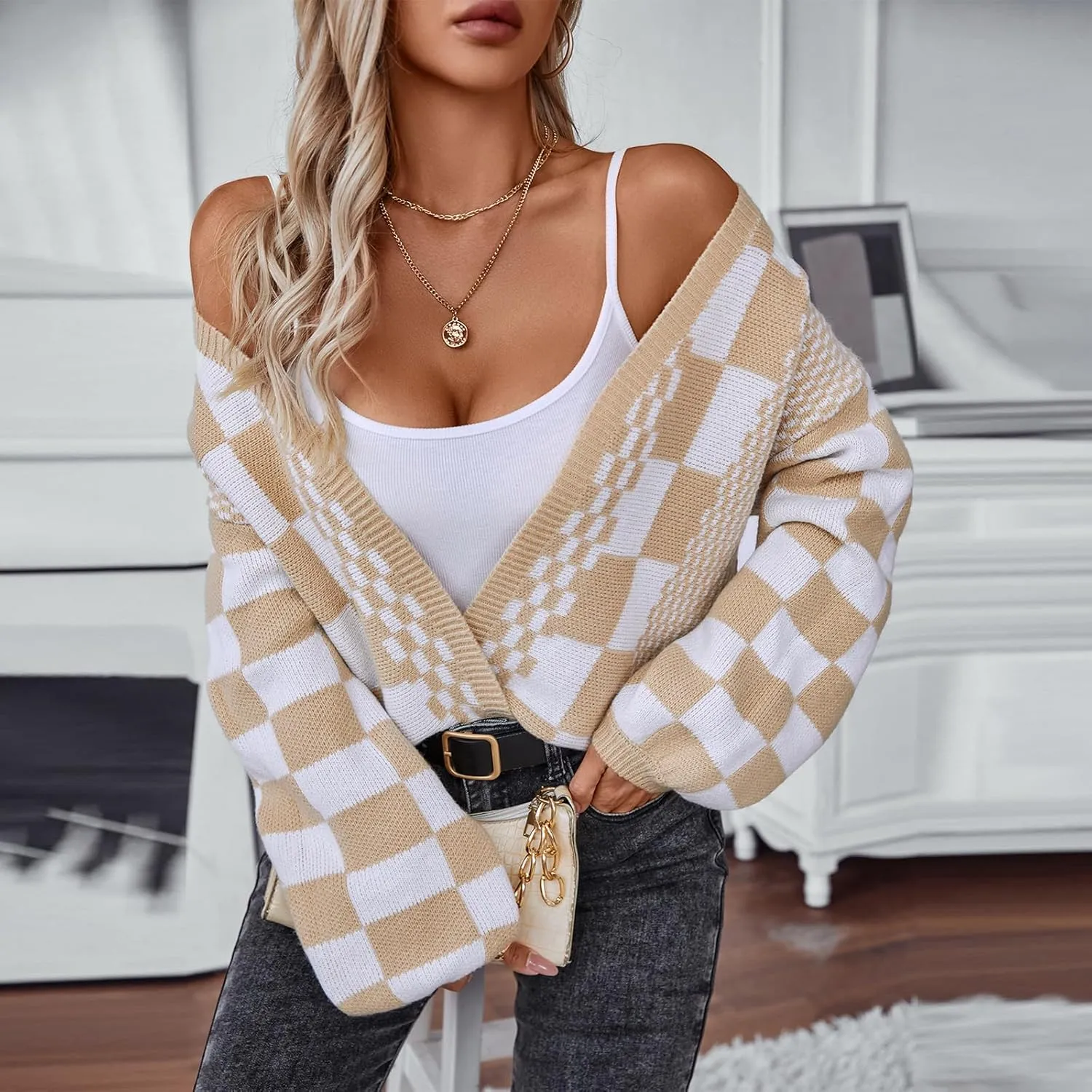 Womens Plaid Sweater Cardigan Checkered Button Down Contrast Long Sleeve Coats Cable Knit Oversized Sweaters Tops