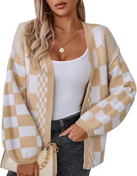 Womens Plaid Sweater Cardigan Checkered Button Down Contrast Long Sleeve Coats Cable Knit Oversized Sweaters Tops