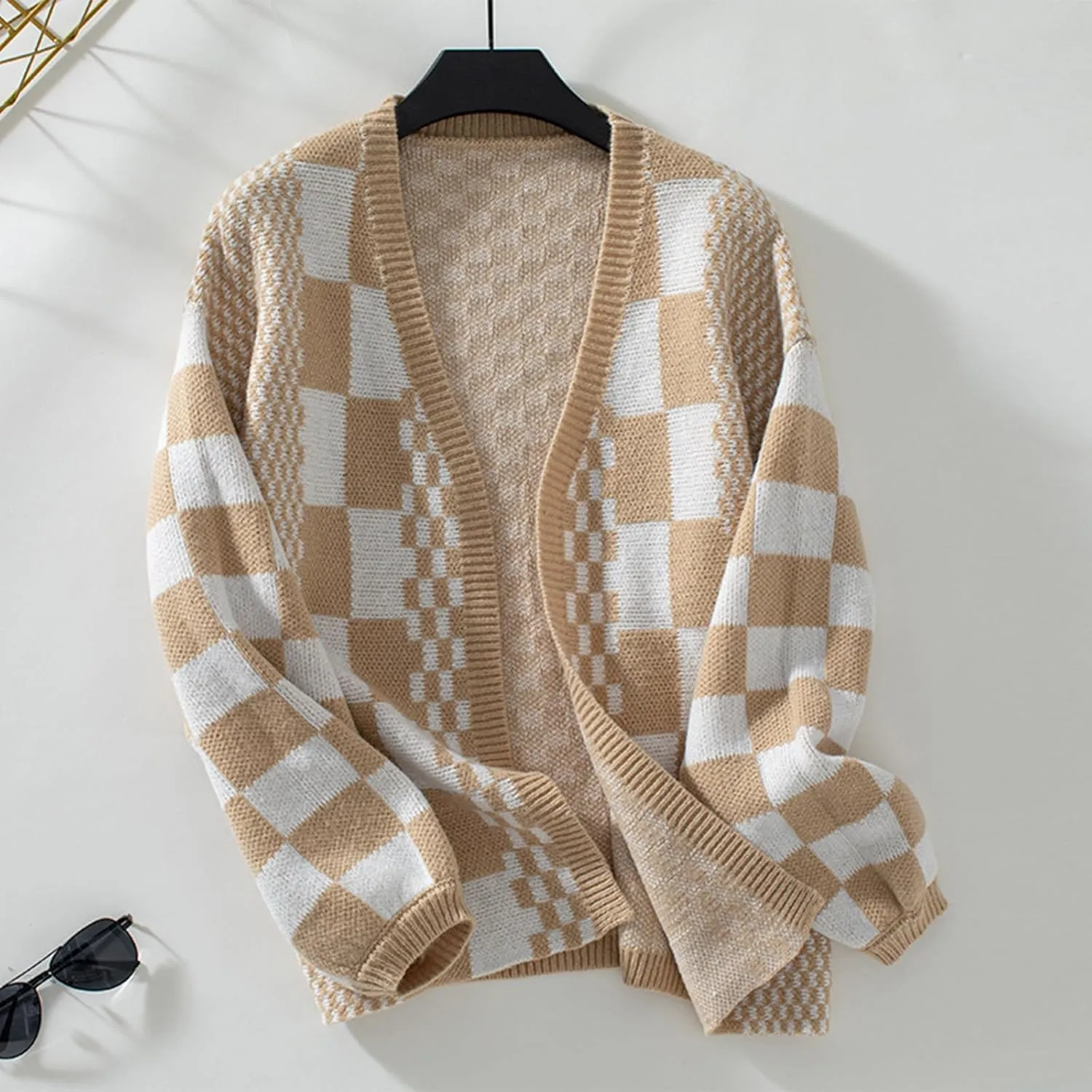 Womens Plaid Sweater Cardigan Checkered Button Down Contrast Long Sleeve Coats Cable Knit Oversized Sweaters Tops
