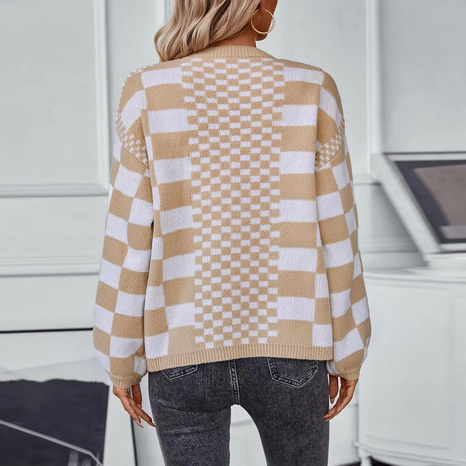 Womens Plaid Sweater Cardigan Checkered Button Down Contrast Long Sleeve Coats Cable Knit Oversized Sweaters Tops