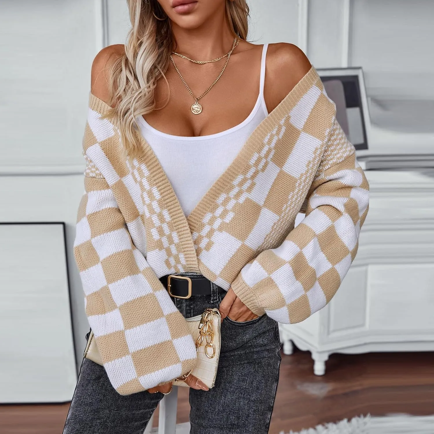 Womens Plaid Sweater Cardigan Checkered Button Down Contrast Long Sleeve Coats Cable Knit Oversized Sweaters Tops