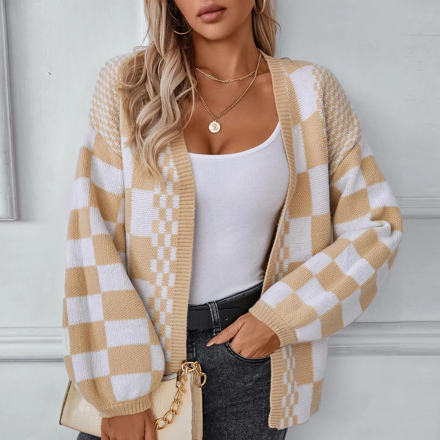 Womens Plaid Sweater Cardigan Checkered Button Down Contrast Long Sleeve Coats Cable Knit Oversized Sweaters Tops