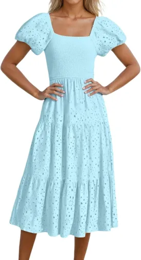Women's Summer Casual Dress Square Neck Puff Sleeve Boho Flowy Short Dress with Eyelet Details for Vacation