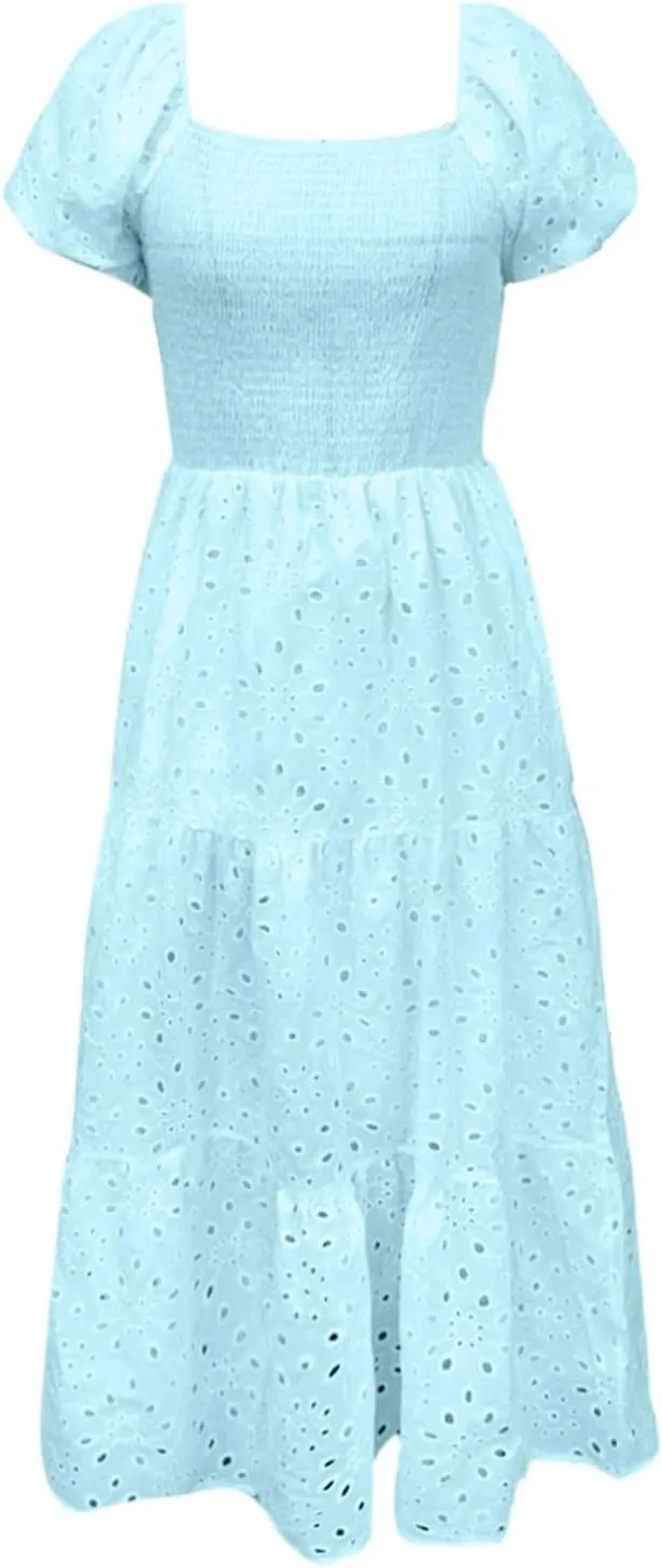 Women's Summer Casual Dress Square Neck Puff Sleeve Boho Flowy Short Dress with Eyelet Details for Vacation