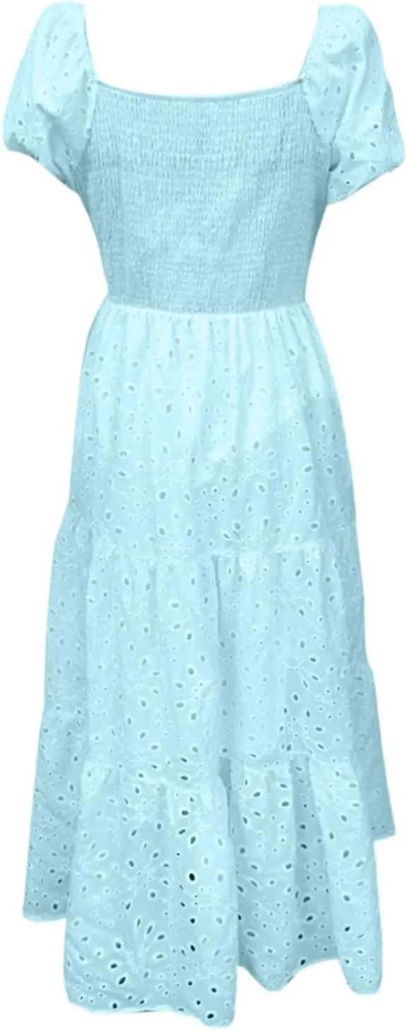 Women's Summer Casual Dress Square Neck Puff Sleeve Boho Flowy Short Dress with Eyelet Details for Vacation