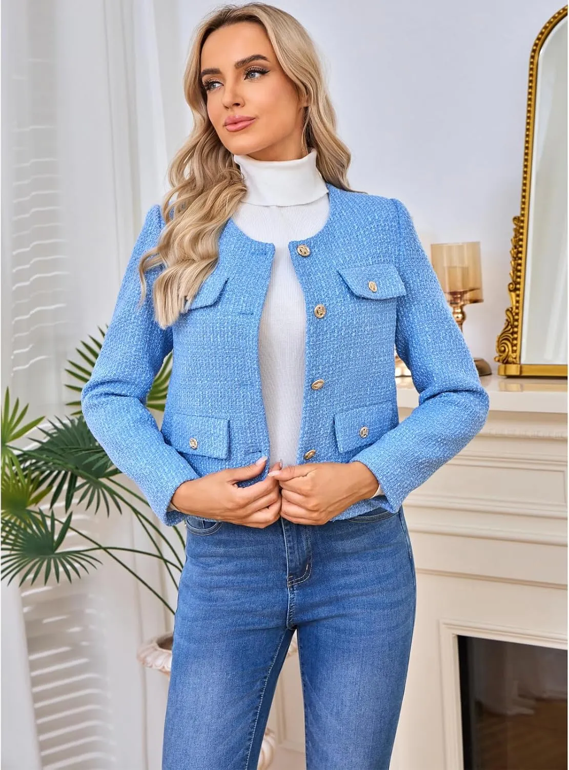 Women's Tweed Blazers Jackets Casual Long Sleeve Button Down Business Short Casual Cropped Coats