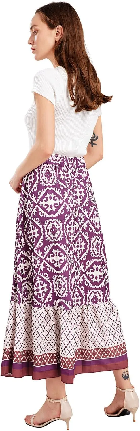 yoeasy Women's Printed Pleated Hem Long Skirt Elastic High Waist Flowy Swing A Line Long Skirt