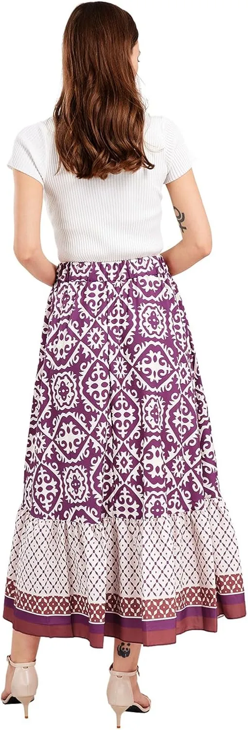 yoeasy Women's Printed Pleated Hem Long Skirt Elastic High Waist Flowy Swing A Line Long Skirt
