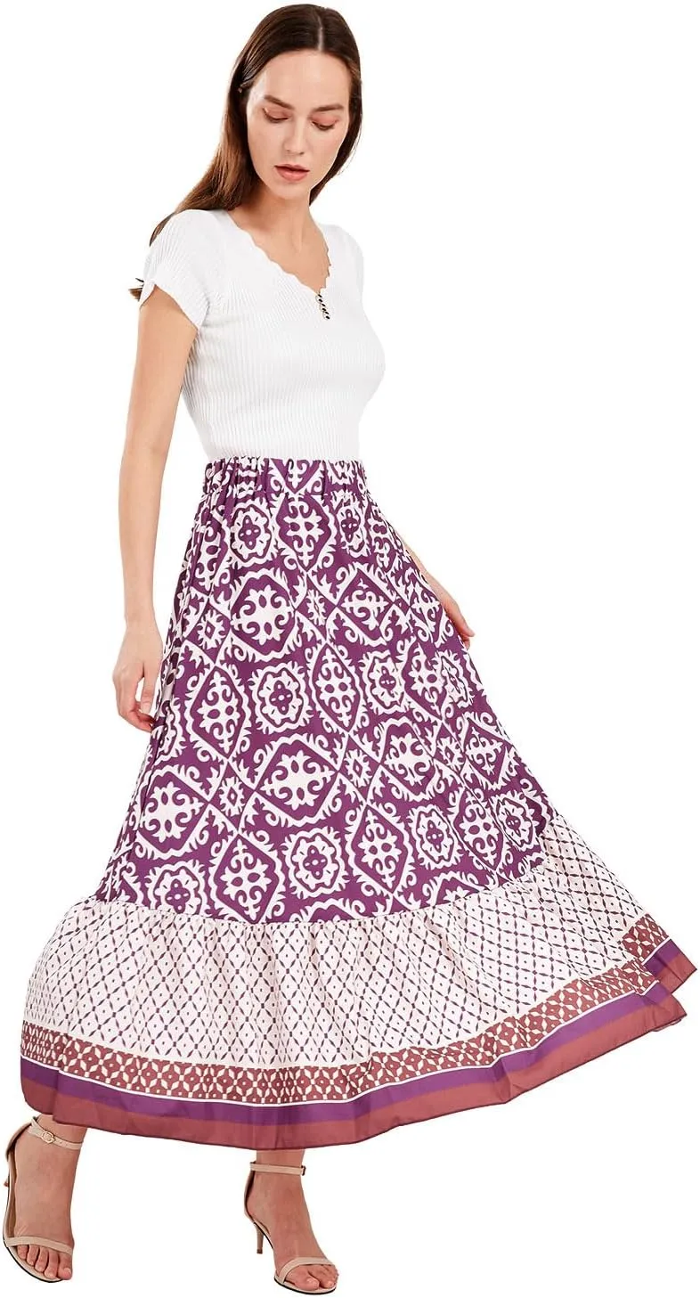 yoeasy Women's Printed Pleated Hem Long Skirt Elastic High Waist Flowy Swing A Line Long Skirt