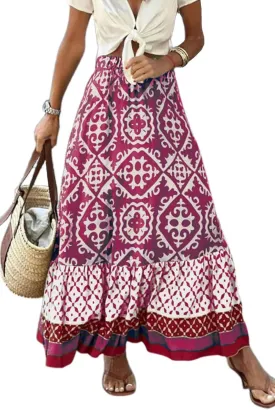 yoeasy Women's Printed Pleated Hem Long Skirt Elastic High Waist Flowy Swing A Line Long Skirt