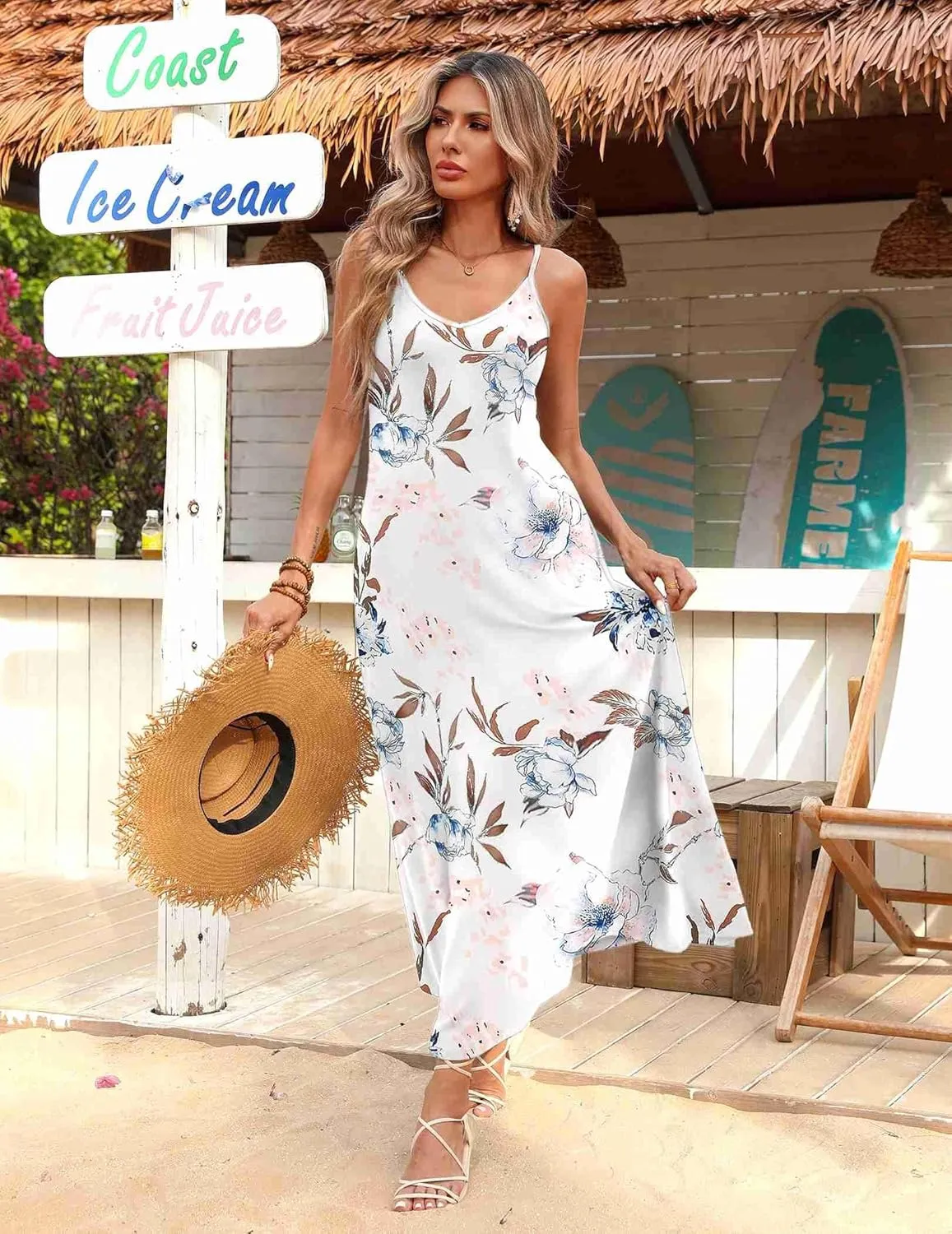 Zeagoo Womens Summer Maxi Dress Spaghetti Strap Casual Printed Dress Boho Floral Beach Sundress,