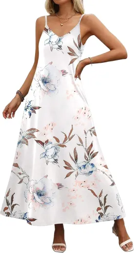 Zeagoo Womens Summer Maxi Dress Spaghetti Strap Casual Printed Dress Boho Floral Beach Sundress,